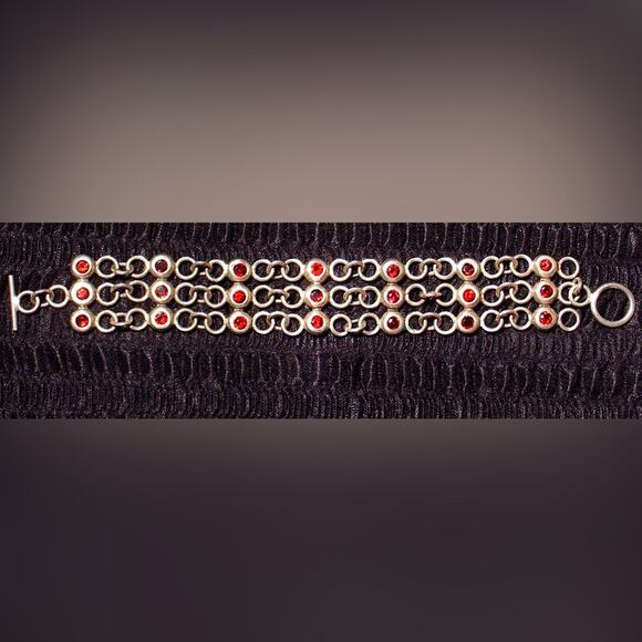 Triple Row Silver Chain Bracelet with Garnet or Ruby Red Stones – Bold & Elegant - Picture 2 of 3